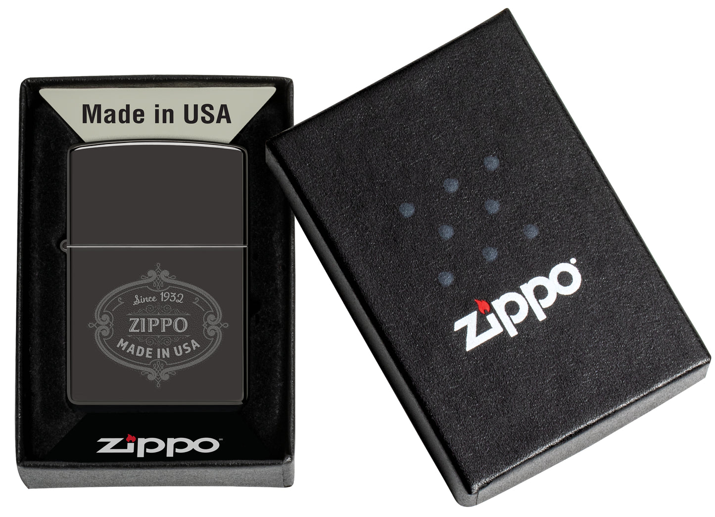 Zippo Plaque Design High Polish Black Windproof Lighter in its packaging.
