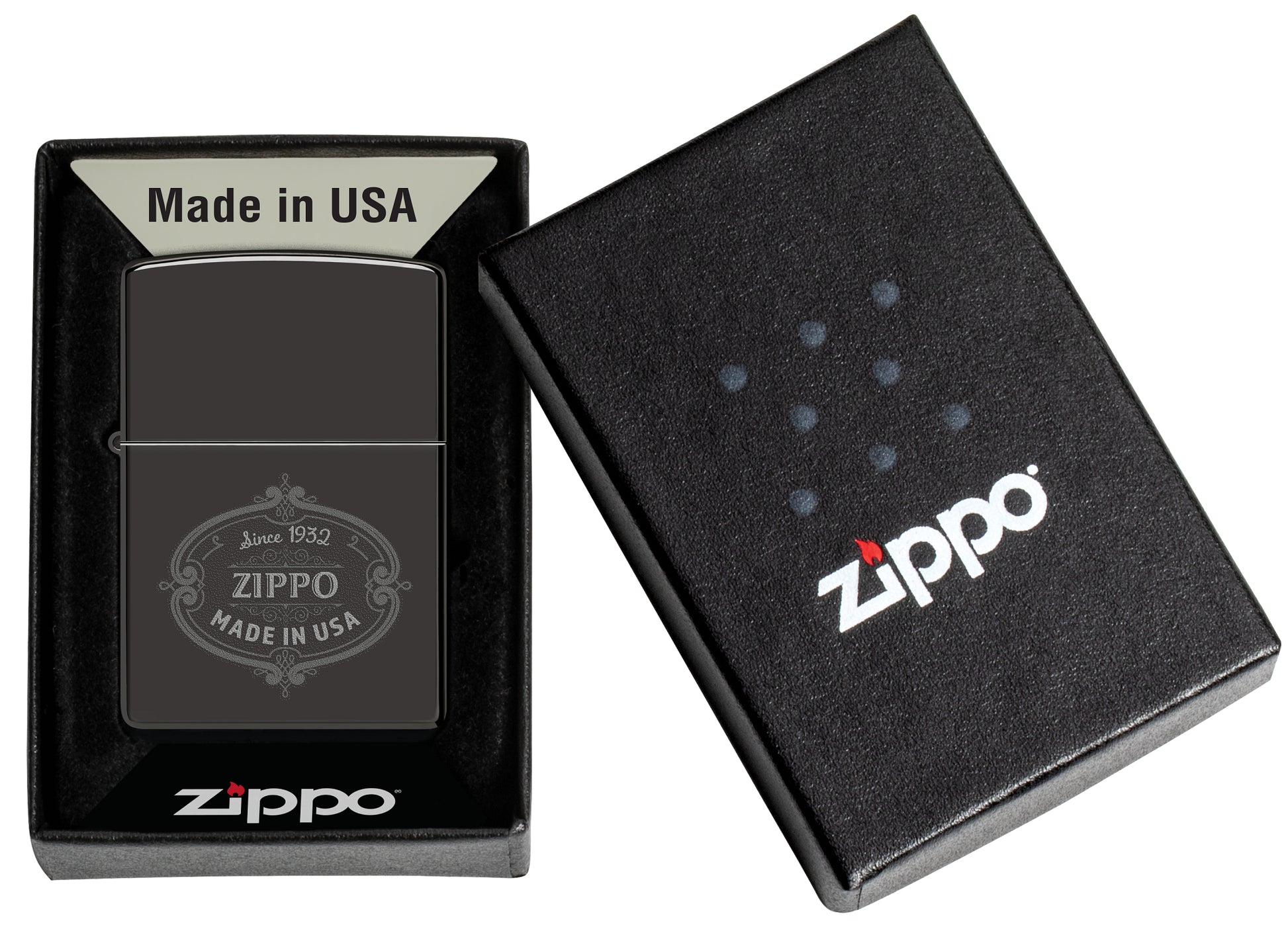 Zippo Plaque Design High Polish Black Windproof Lighter in its packaging.