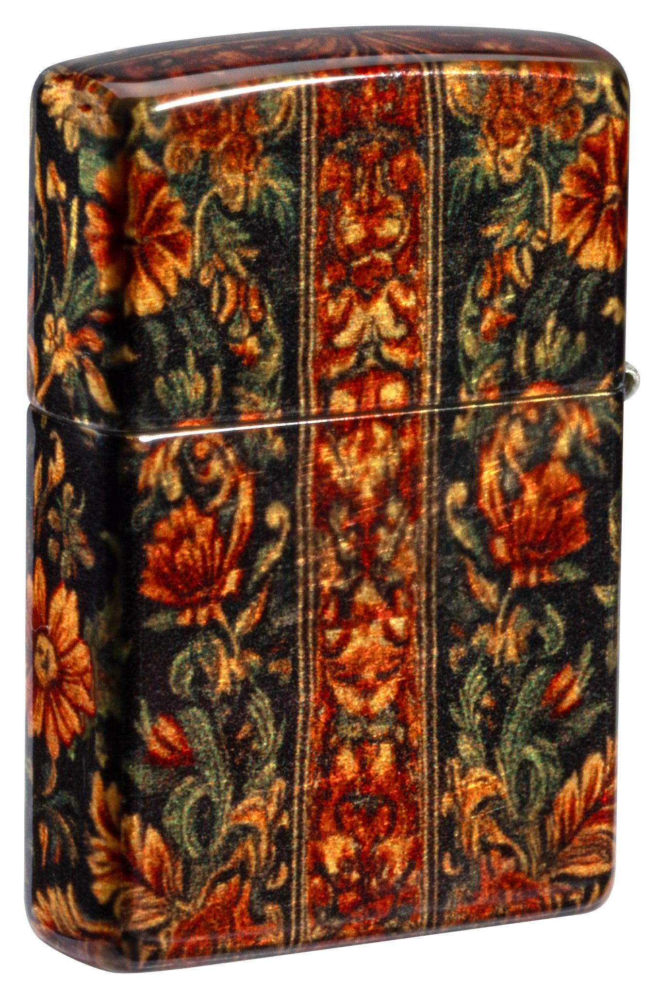 Back view of Zippo Cannabis Tapestry Design Tumbled Brass Windproof Lighter standing at a 3/4 angle.