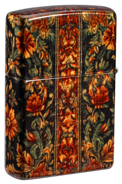 Back view of Zippo Cannabis Tapestry Design Tumbled Brass Windproof Lighter standing at a 3/4 angle.