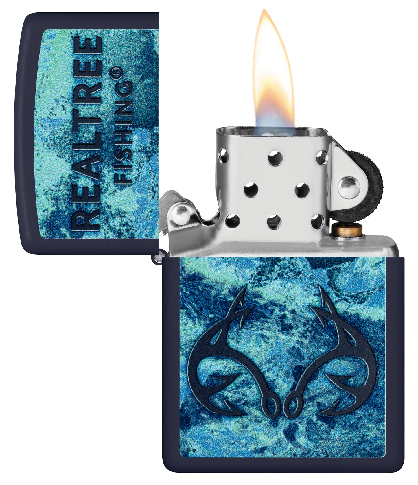 Zippo Realtree® Fishing Design Navy Matte Windproof Lighter with its lid open and lit.