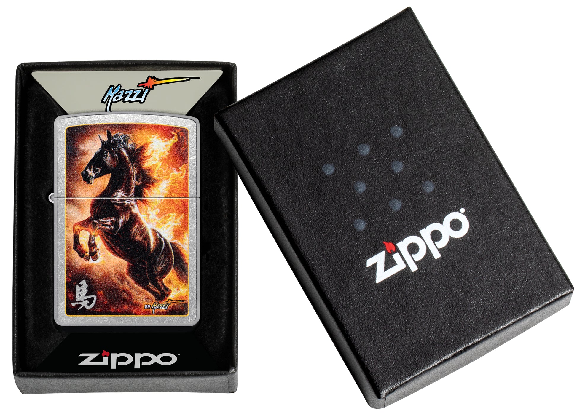 Zippo Mazzi® Fire Stallion Design Street Chrome Windproof Lighter in its packaging.