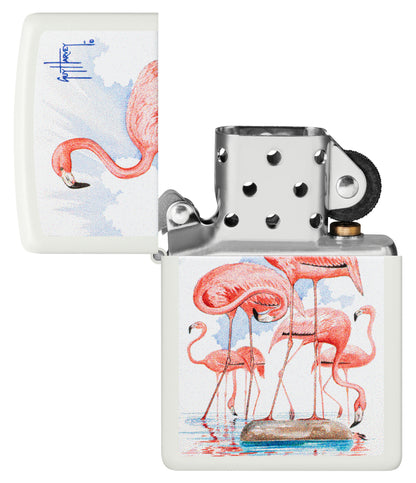 Zippo Guy Harvey Flamingos Design White Matte Windproof Lighter with its lid open and unlit.