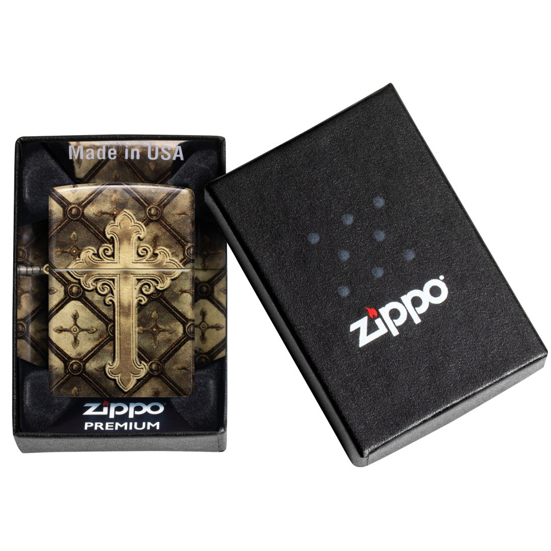 Zippo Gilded Cross Design 540 Tumbled Brass Windproof Lighter in its packaging.