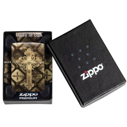 Zippo Gilded Cross Design 540 Tumbled Brass Windproof Lighter in its packaging.