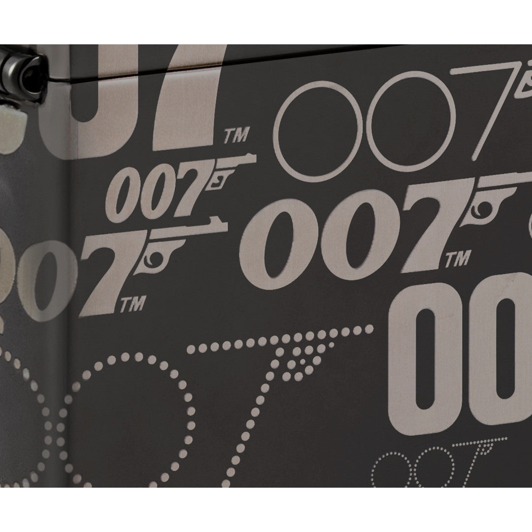 Front view of Zippo James Bond 007™ Logo Design High Polish Black Windproof Lighter close up to show the detail of the lighter.