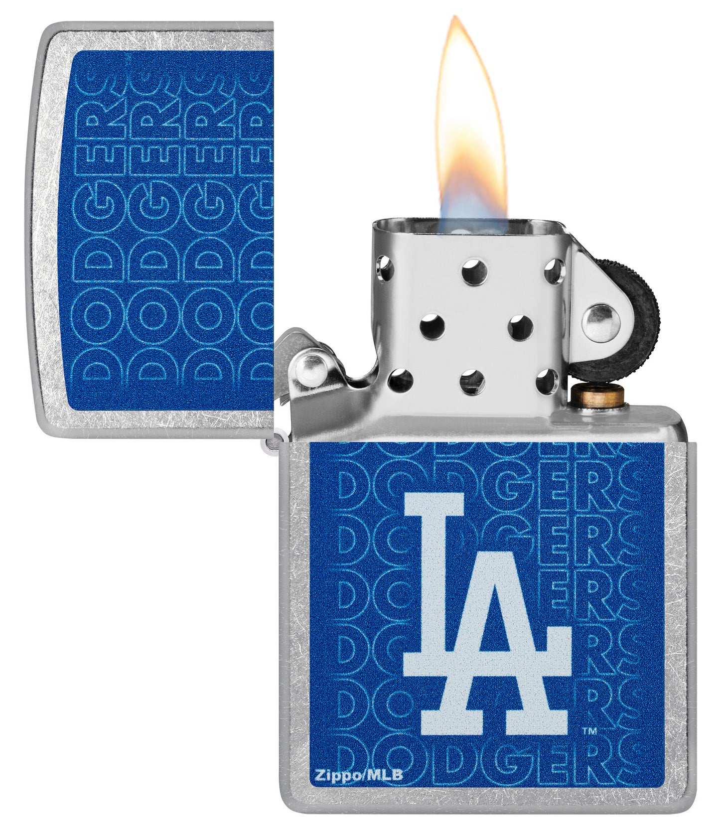 Zippo MLB® Los Angeles Dodgers Street Chrome Windproof Lighter with its lid open and lit.