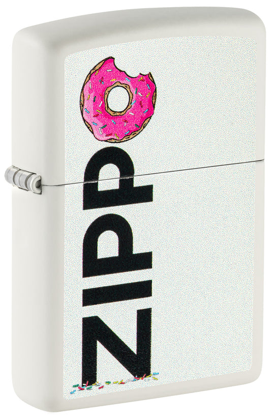 Front shot of Frosted Zippo Design White Matte Windproof Lighter standing at a 3/4 angle.