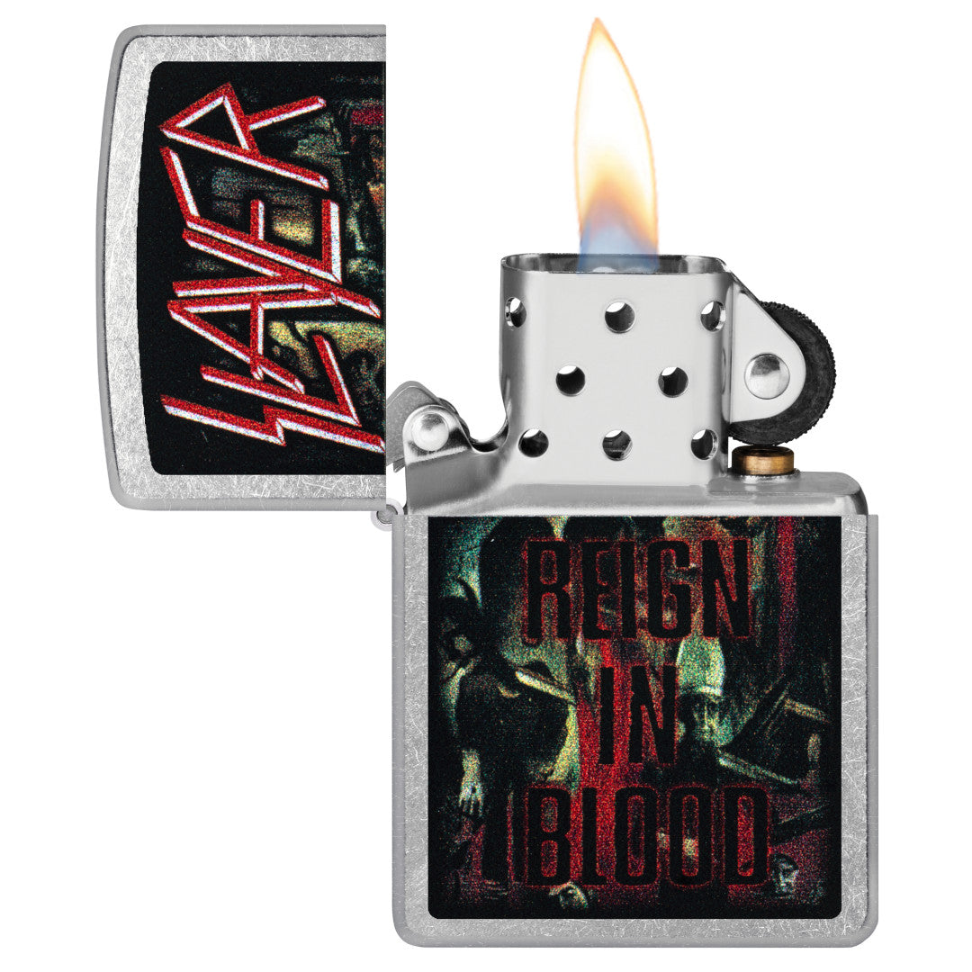 Zippo Slayer Reign in Blood Design Street Chrome Windproof Lighter with its lid open and lit.