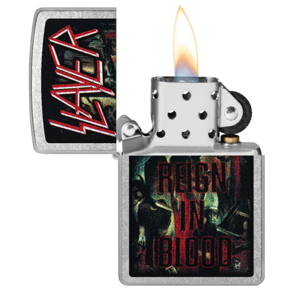 Zippo Slayer Reign in Blood Design Street Chrome Windproof Lighter with its lid open and lit.