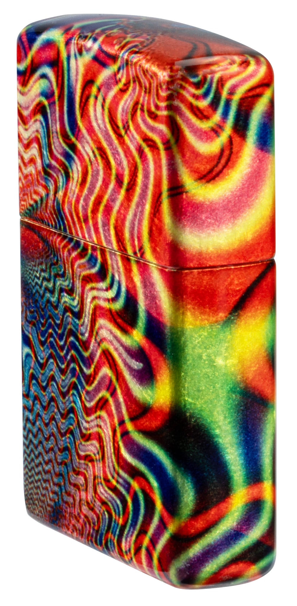 Angled shot of  Zippo Fusion Waves Design 540 Tumbled Brass Windproof Lighter showing the front and non-hinge side of the lighter.