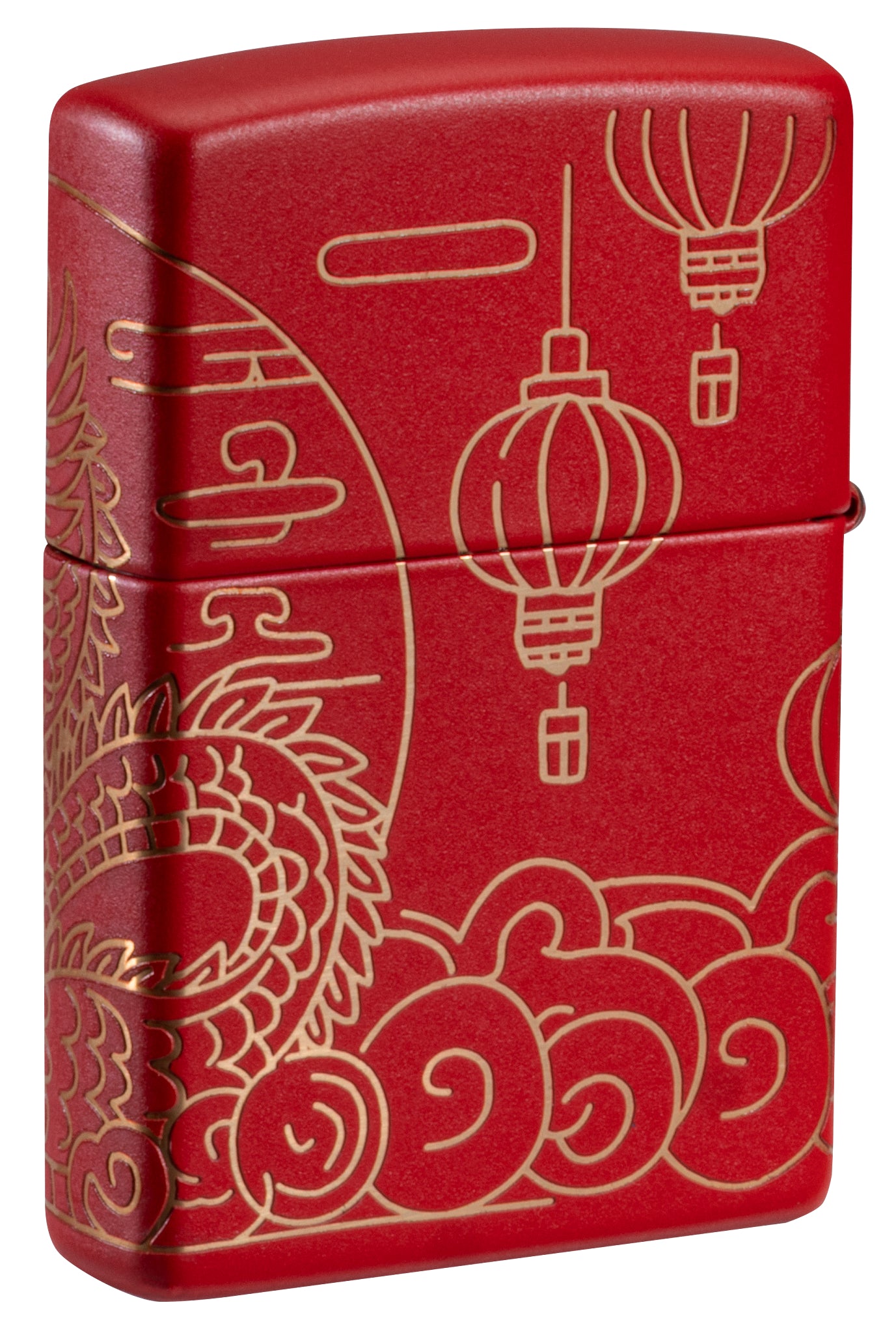 Back view of Zippo Chinese New Year Design Red Matte Windproof Lighter standing at a 3/4 angle.