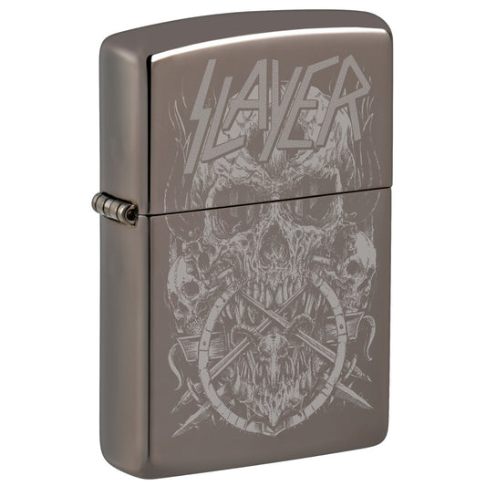 Front shot of Zippo Slayer Skull Design Black Ice® Windproof Lighter standing at a 3/4 angle.
