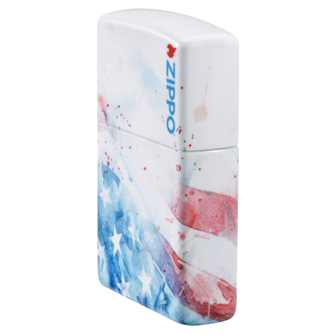 Angled shot of  Zippo Watercolor Flag Design 540 Matte Windproof Lighter showing the front and non-hinge side of the lighter.