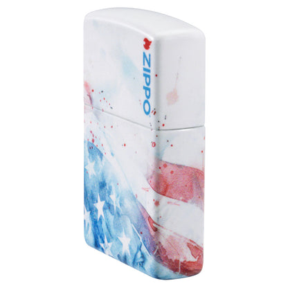 Angled shot of  Zippo Watercolor Flag Design 540 Matte Windproof Lighter showing the front and non-hinge side of the lighter.