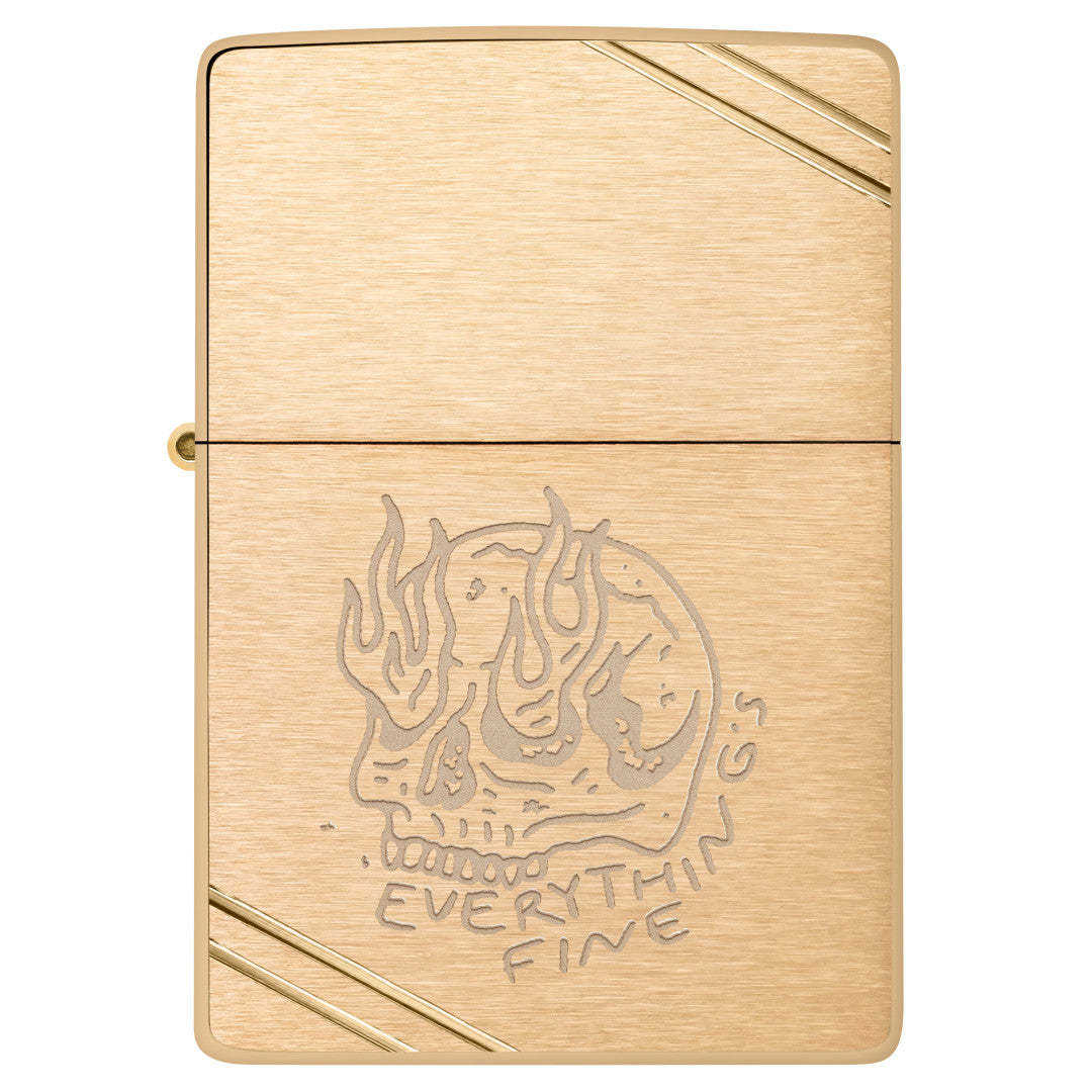 Front view of Zippo Everything's Fine Design Vintage Brushed Brass Windproof Lighter.