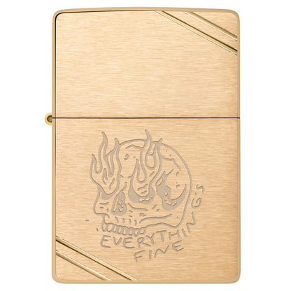 Front view of Zippo Everything's Fine Design Vintage Brushed Brass Windproof Lighter.