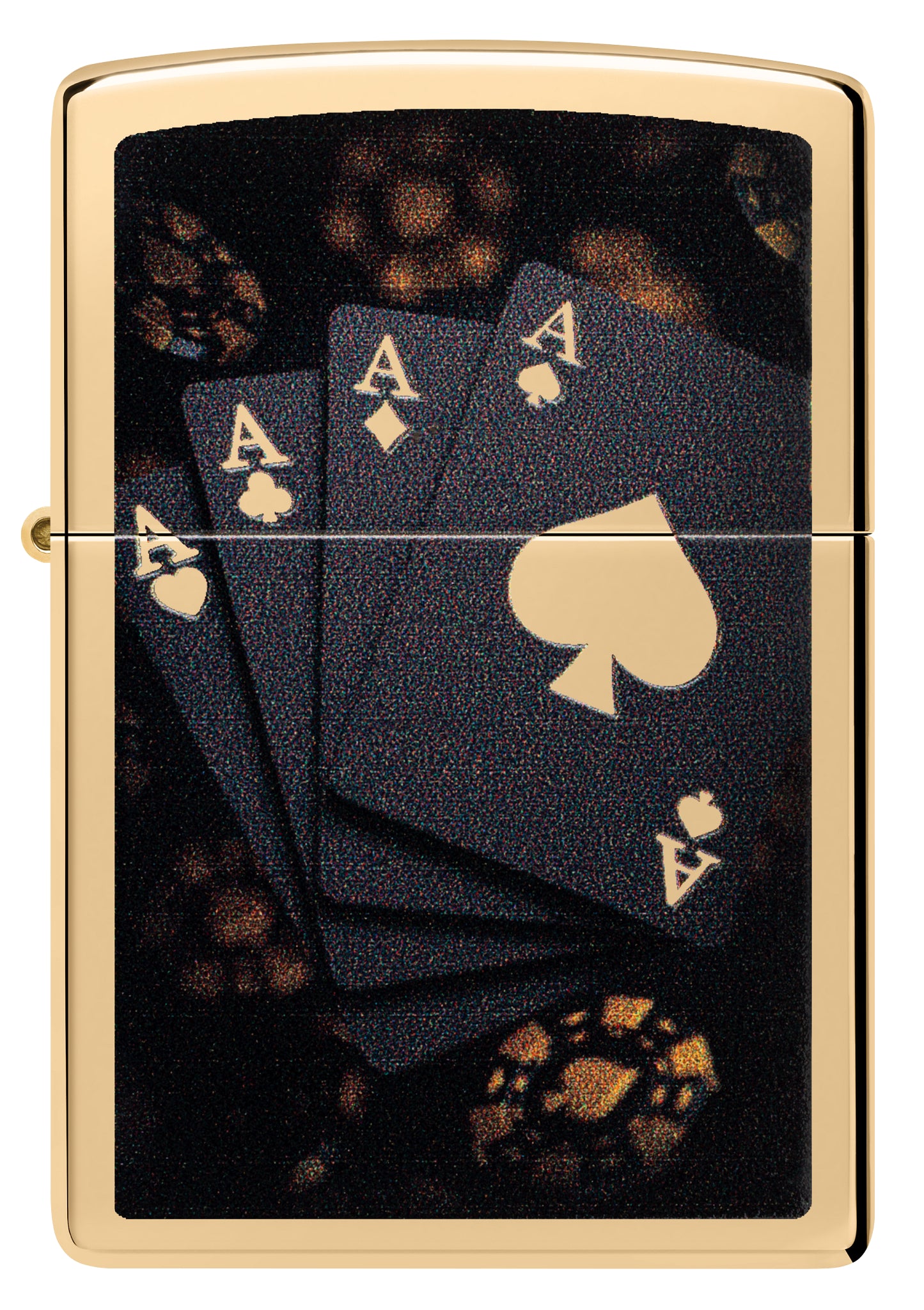 Front view of Zippo Lucky Aces Design High Polish Brass.