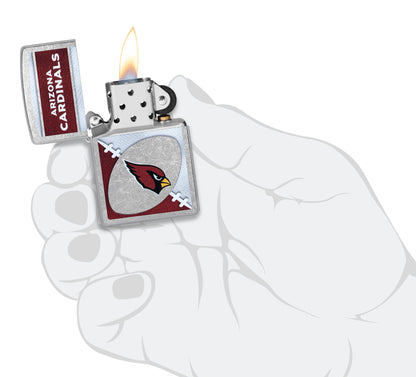 Zippo NFL Arizona Cardinals Street Chrome Windproof Lighter lit in hand.