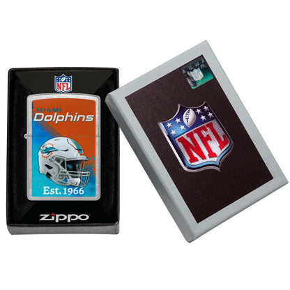 Zippo NFL Miami Dolphins Helmet Design Street Chrome Windproof Lighter in its packaging.