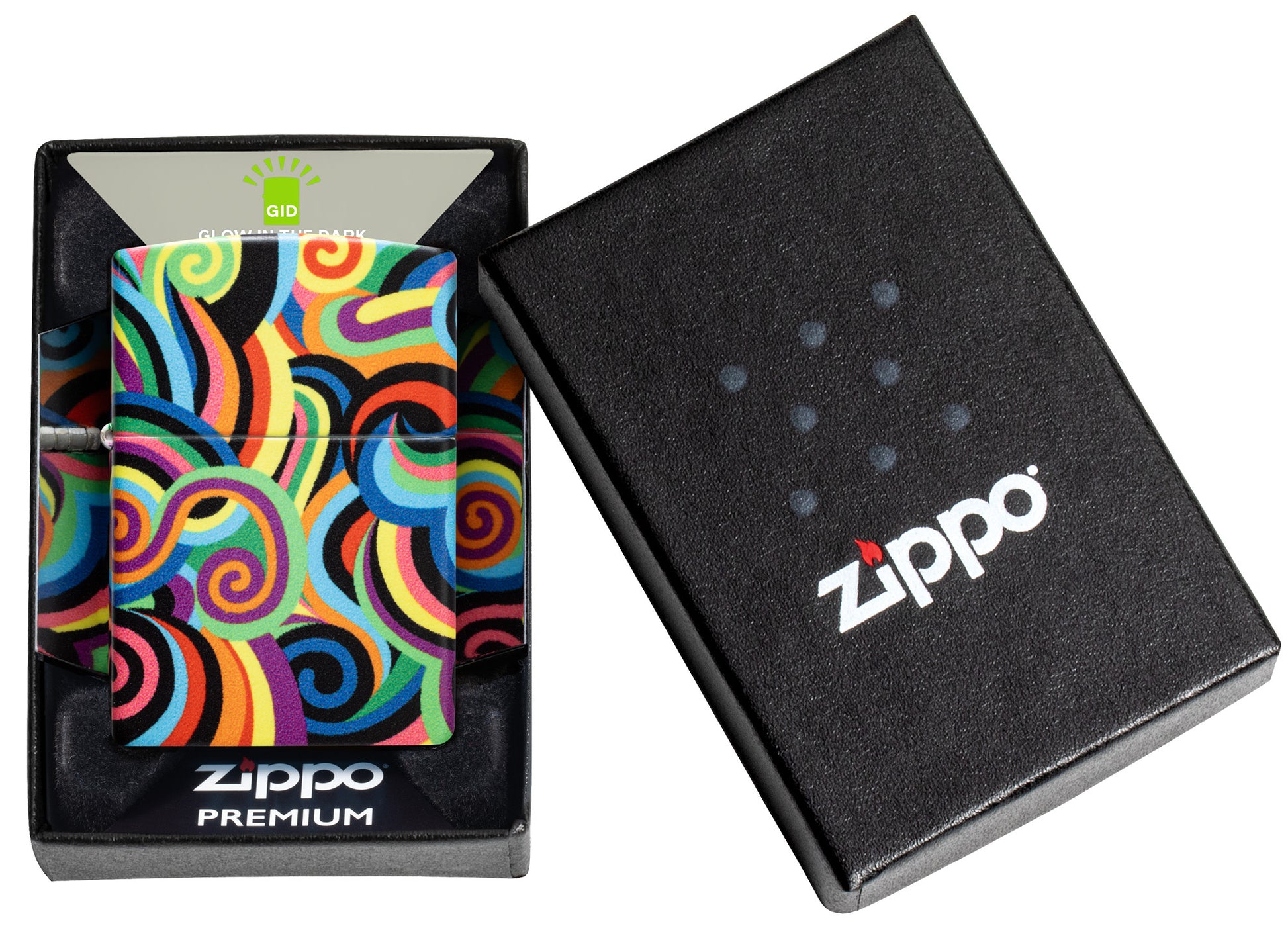 Zippo Rick Rietveld Glowing Swirls Design Glow in the Dark Windproof Lighter in its packaging.