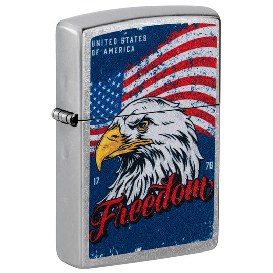 Front shot of Zippo Freedom Eagle Design Street Chrome Windproof Lighter standing at a 3/4 angle.