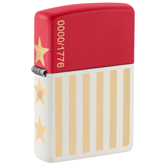Front shot of Zippo 250th Anniversary Collectible Red and White Matte Windproof Lighter standing at a 3/4 angle.