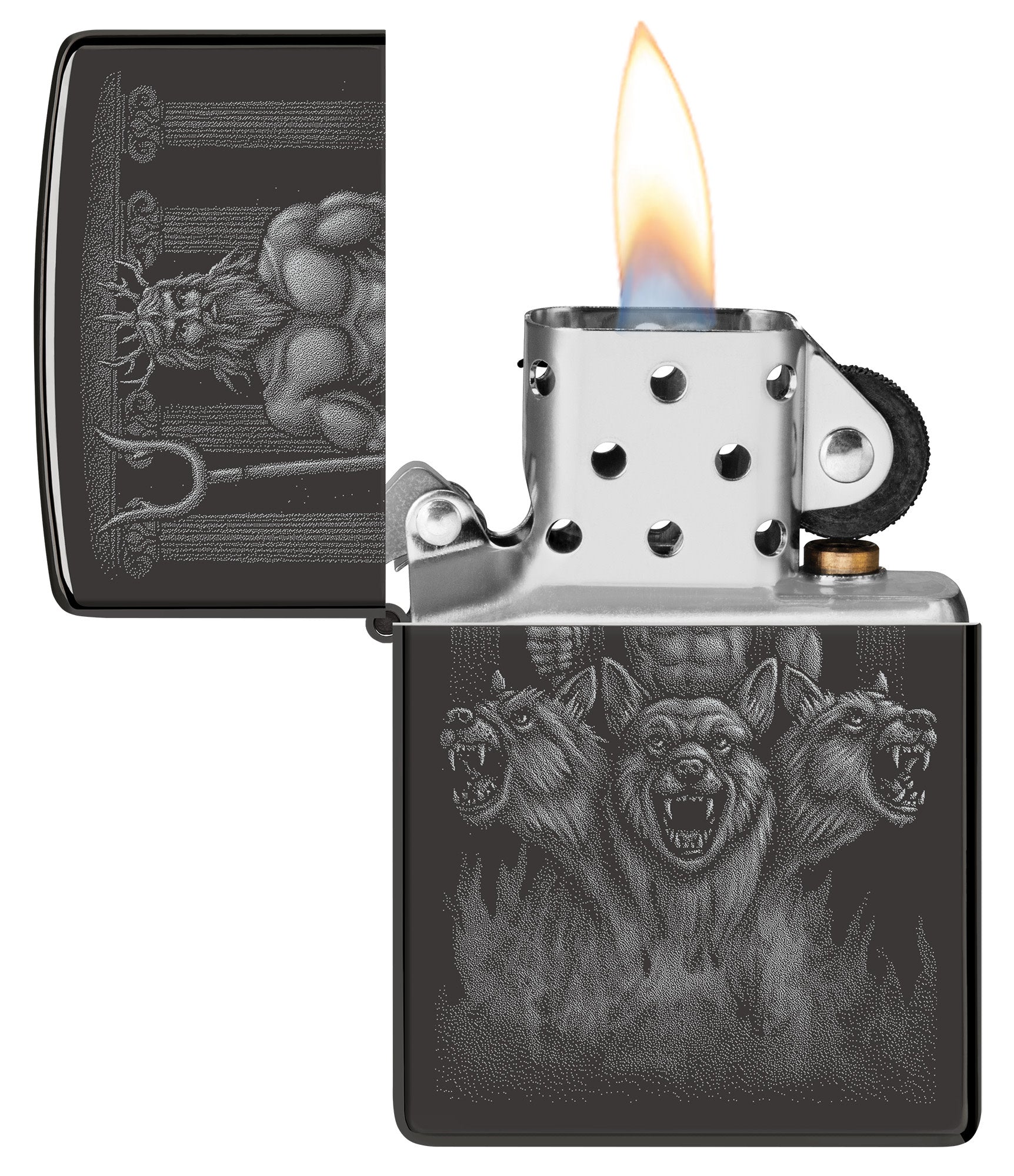 Zippo Greek Dogs Design High Polish Black Windproof Lighter with its lid open and lit.