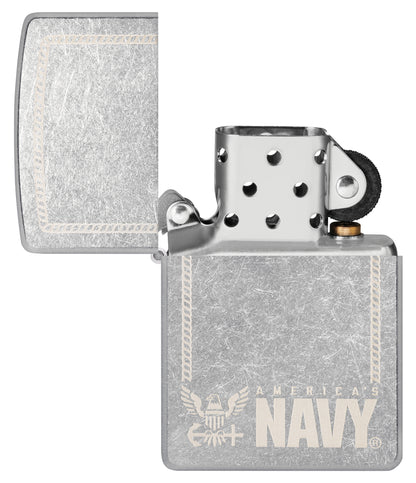Zippo United States Navy® America's Navy Design Street Chrome Windproof Lighter with its lid open and unlit.
