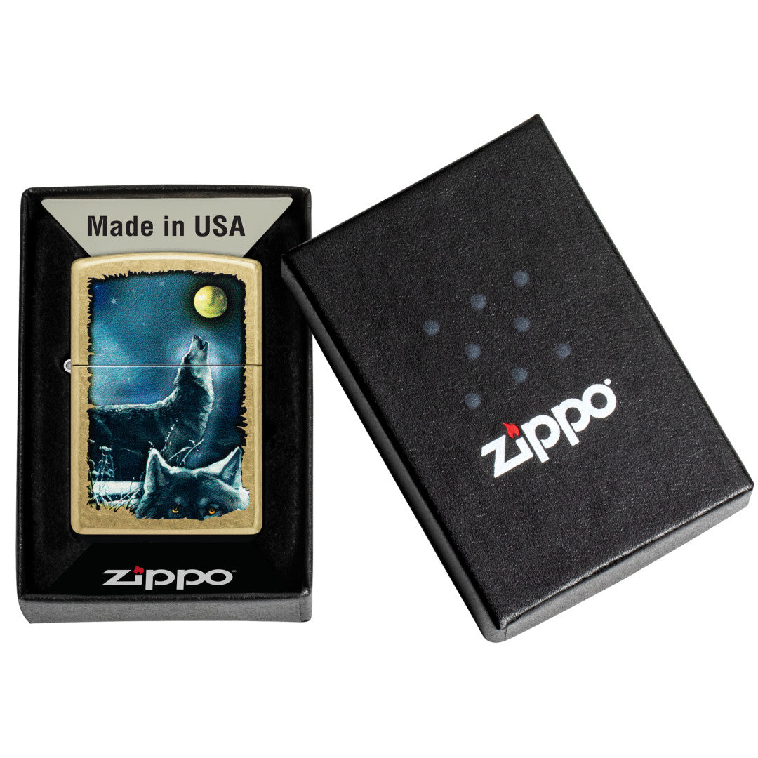 Zippo Wolf Song Design Street Brass Windproof Lighter in its packaging.