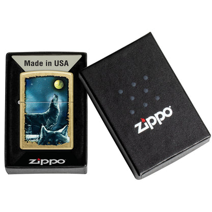 Zippo Wolf Song Design Street Brass Windproof Lighter in its packaging.