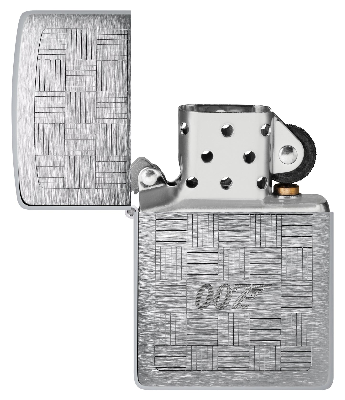 Zippo James Bond® Tuxedo Design Brushed Chrome Windproof Lighter with its lid open and unlit.