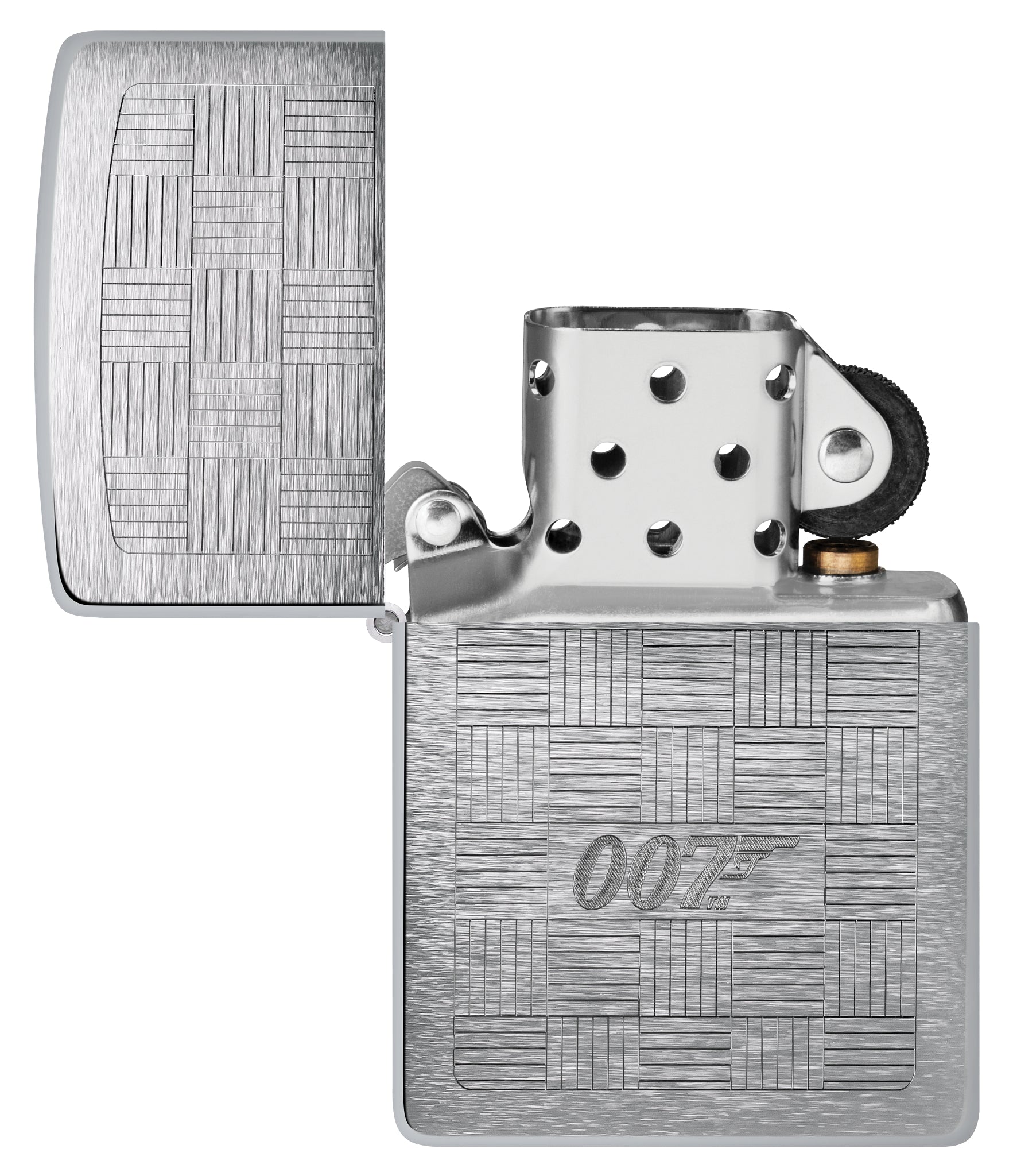Zippo James Bond® Tuxedo Design Brushed Chrome Windproof Lighter with its lid open and unlit.