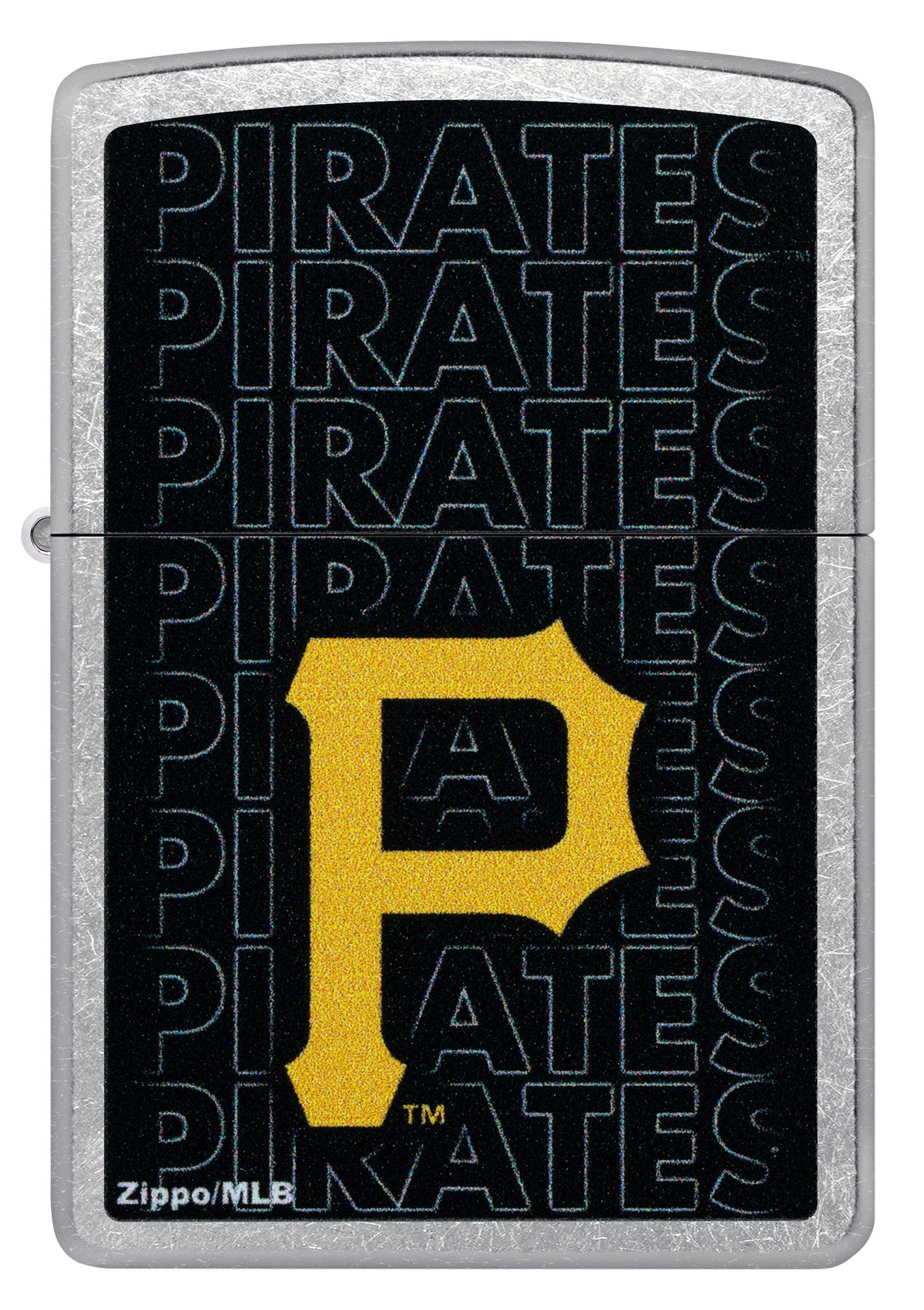 Front view of Zippo MLB® Pittsburgh Pirates Street Chrome Windproof Lighter.