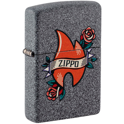 Front shot of Zippo Flame Tattoo Design Iron Stone Windproof Lighter standing at a 3/4 angle.