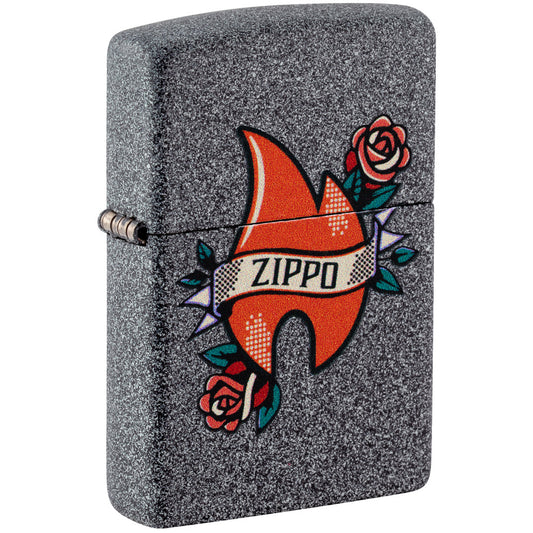 Front shot of Zippo Flame Tattoo Design Iron Stone Windproof Lighter standing at a 3/4 angle.
