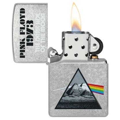 Zippo Pink Floyd 1973 Design Street Chrome Windproof Lighter with its lid open and lit.