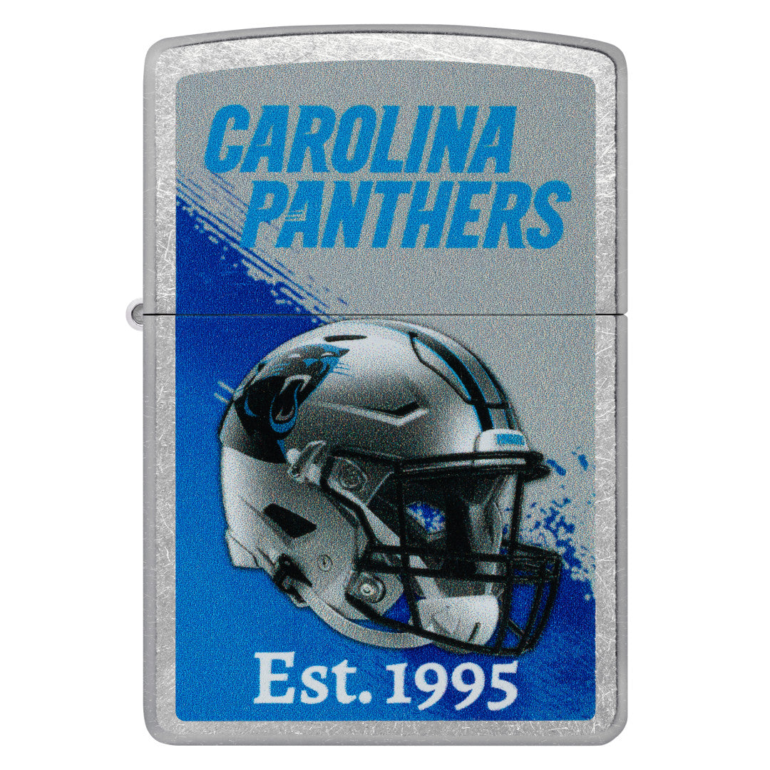 Front view of Zippo NFL Carolina Panthers Helmet Design Street Chrome Windproof Lighter.