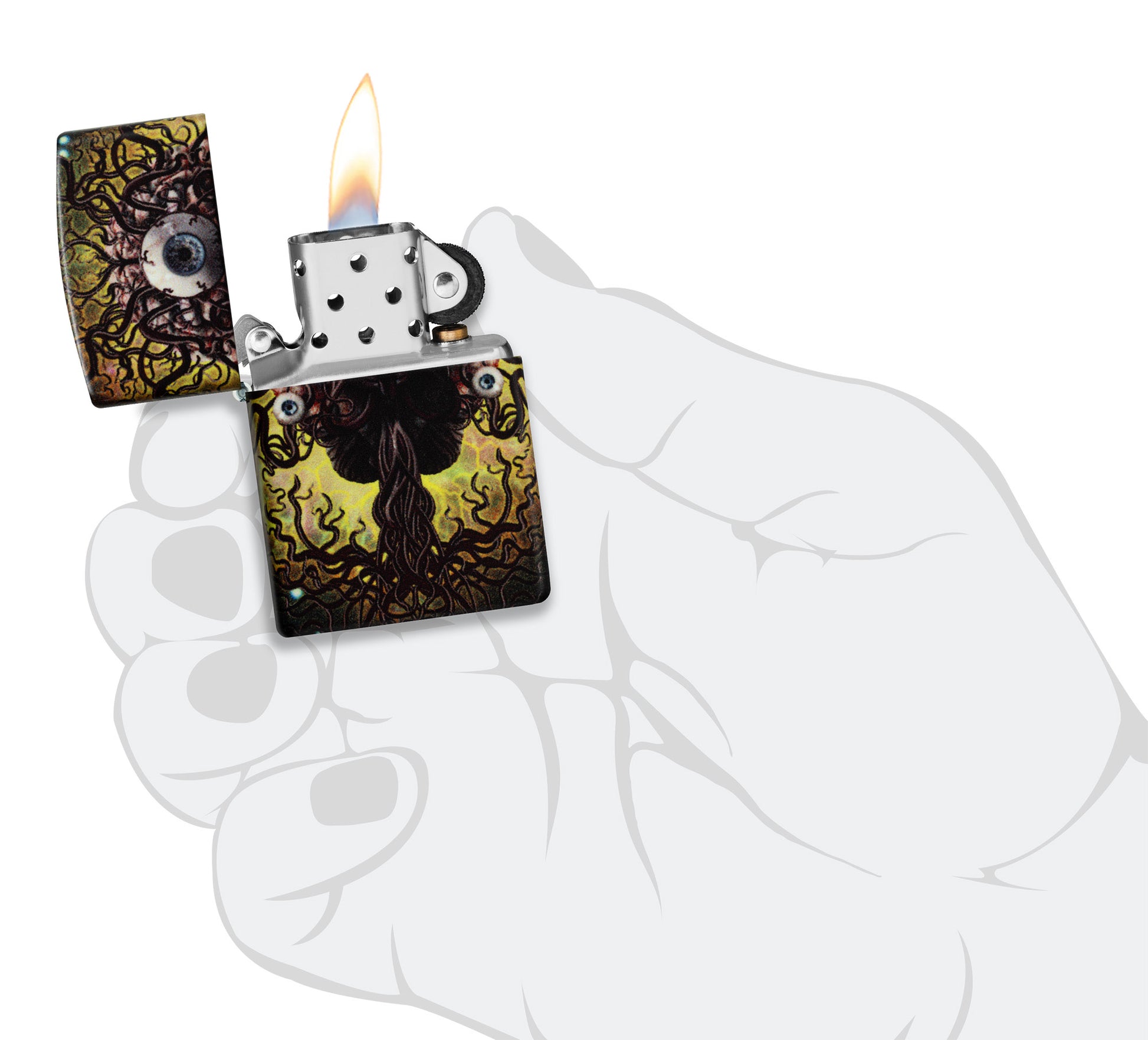 Zippo Evil Eye Design 540 Glow in the Dark Windproof Lighter lit in hand.