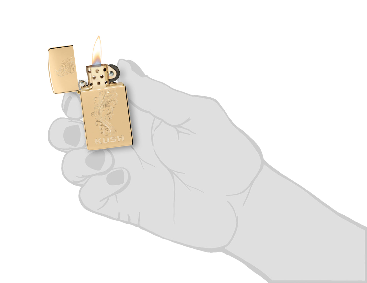 Zippo Slim® Kush Design High Polish Brass Windproof Lighter lit in hand.