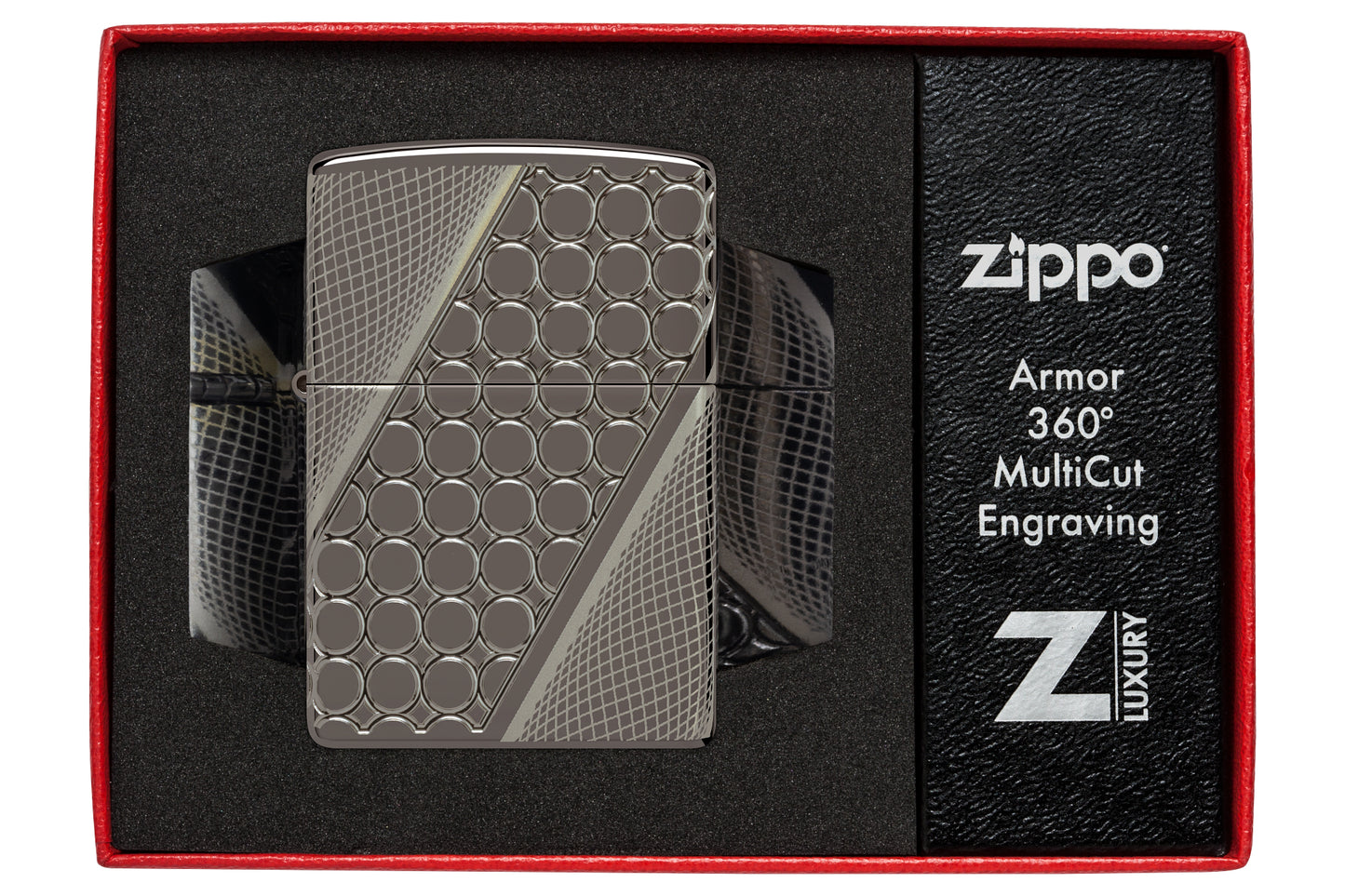 Zippo Deep Dots Design Armor® Black Ice® Windproof Lighter in its packaging.