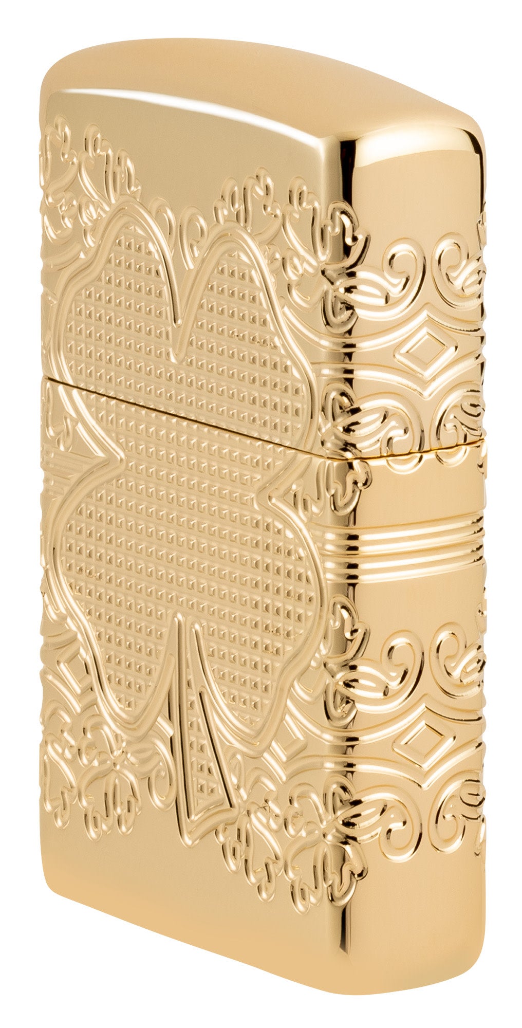 Angled shot of Zippo Lucky Clover Design Armor® High Polish Gold Plate Windproof Lighter showing the front and right side of the lighter.