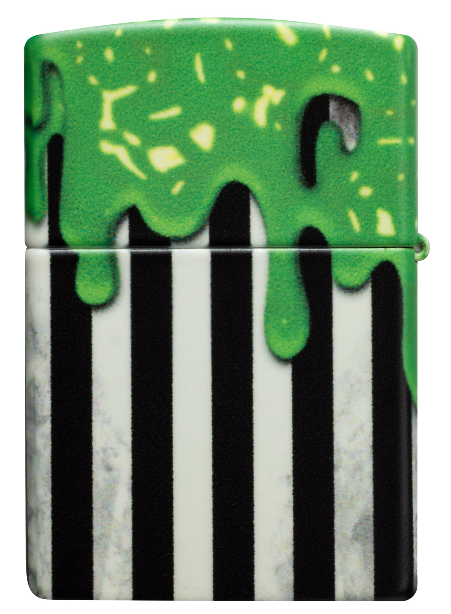 Back view of Zippo Glowing Goo Design Glow-in-the-Dark Green Windproof Lighter.