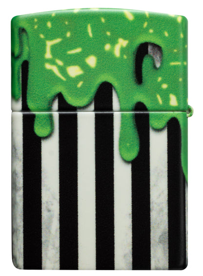 Back view of Zippo Glowing Goo Design Glow-in-the-Dark Green Windproof Lighter.