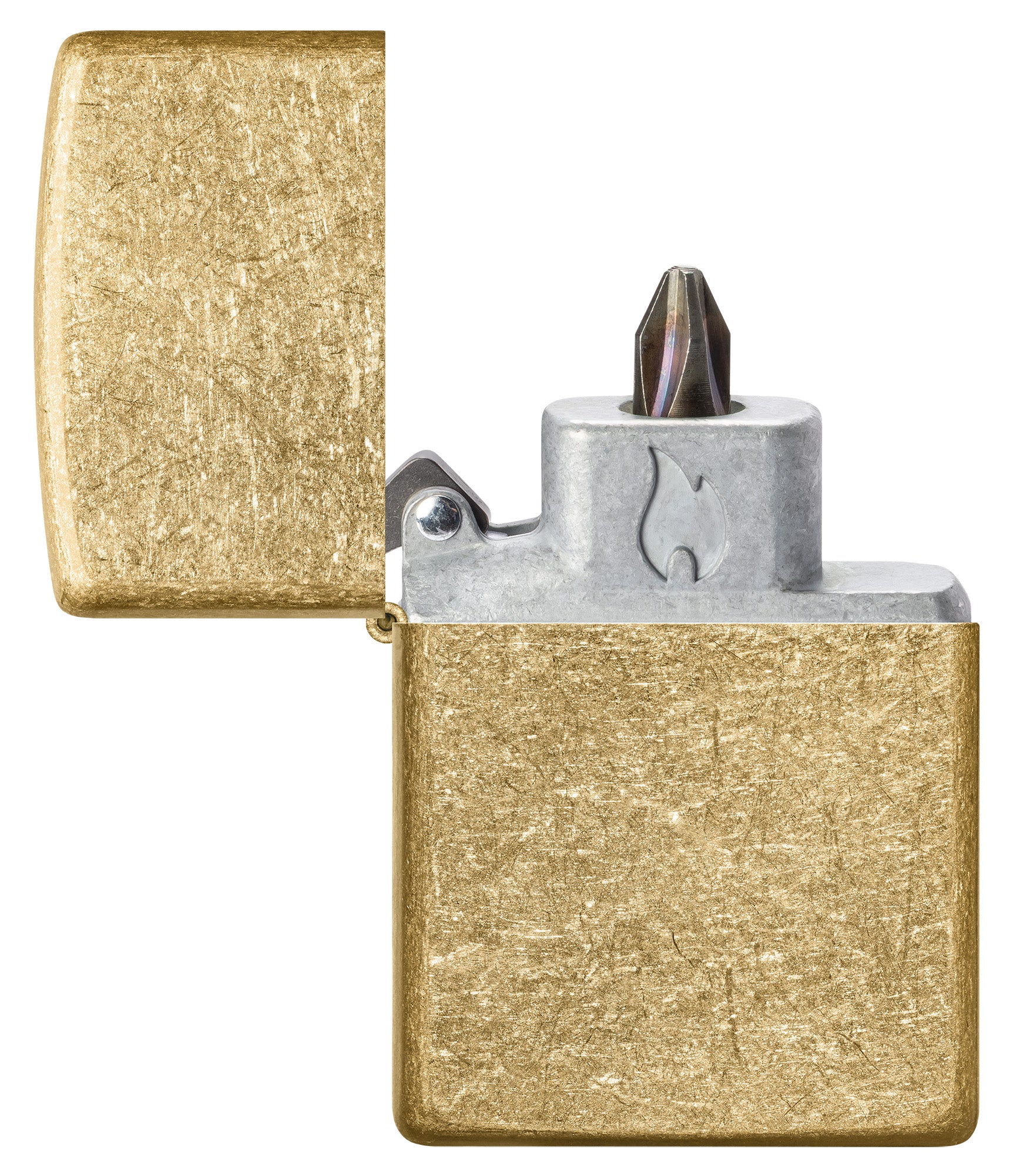 Zippo Armor® Tumbled Brass Windproof Lighter with its lid open and showing the Bit Safe Screwdriver USA. 