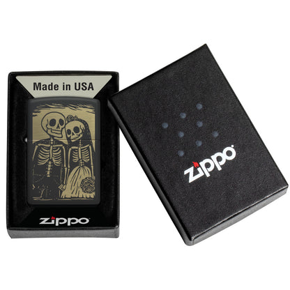 Zippo Skeleton Wedding Design Black Matte Windproof Lighter in its packaging.