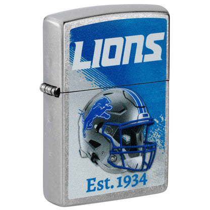 Front shot of Zippo NFL Detroit Lions Helmet Design Street Chrome Windproof Lighter standing at a 3/4 angle.