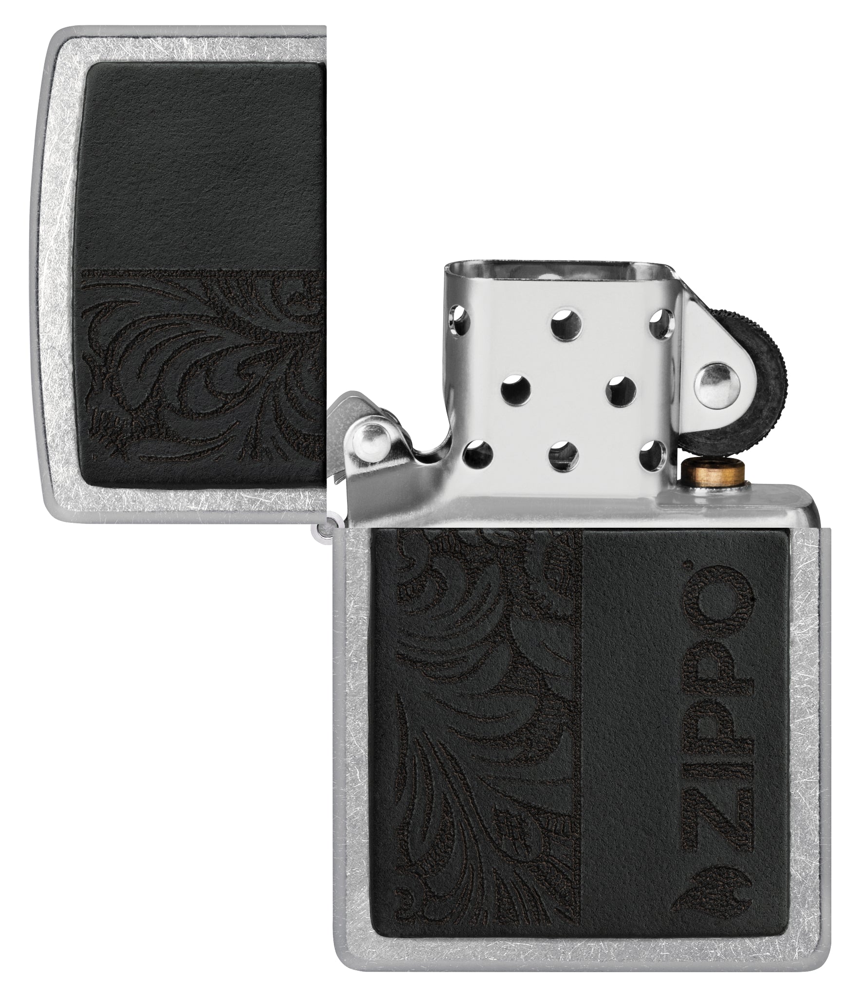 Zippo Black Leather Emblem - Zippo Design Street Chrome Windproof Lighter with its lid open and unlit.