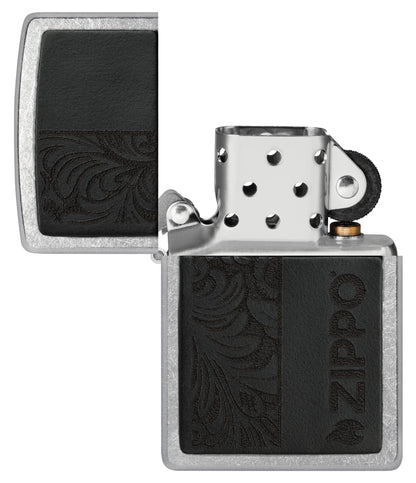 Zippo Black Leather Emblem - Zippo Design Street Chrome Windproof Lighter with its lid open and unlit.