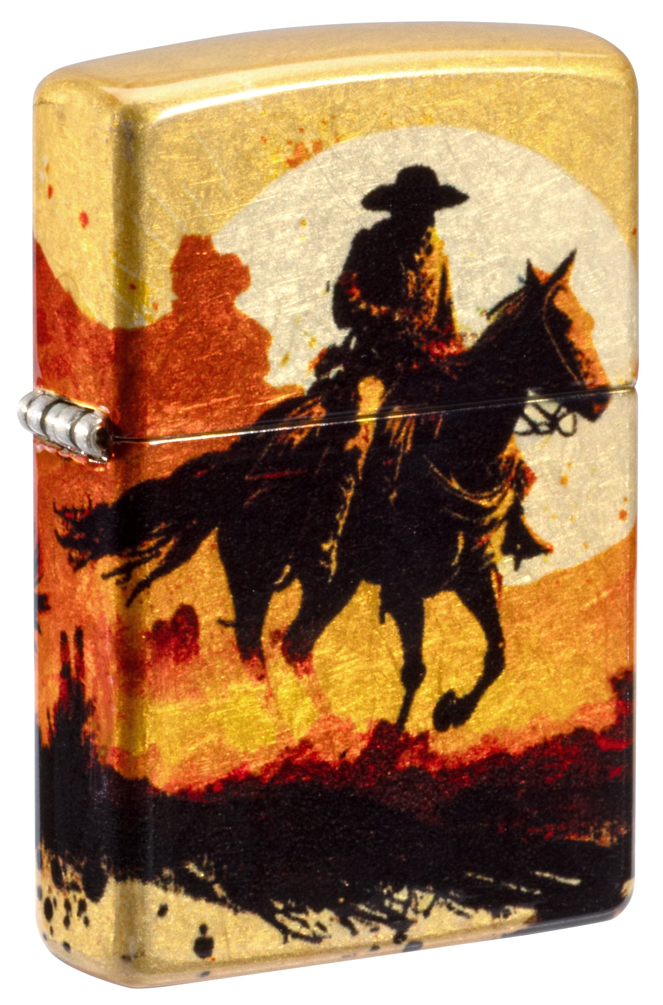 Front shot of Zippo Racing Wrangler Design 540 Tumbled Brass Windproof Lighter standing at a 3/4 angle.